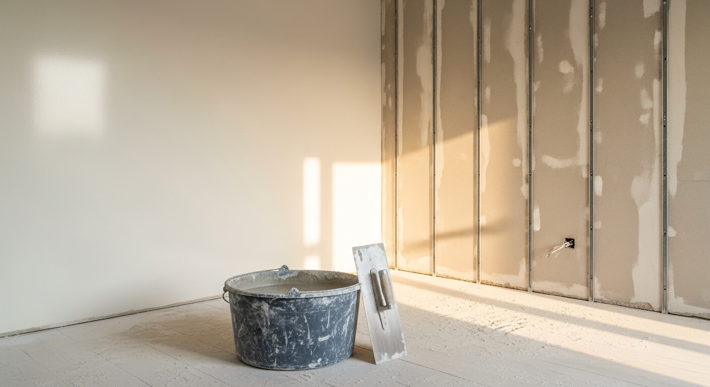 StucMeester Voorbeeld stukadoor aan het werk met sierpleister op een wand bij warm licht